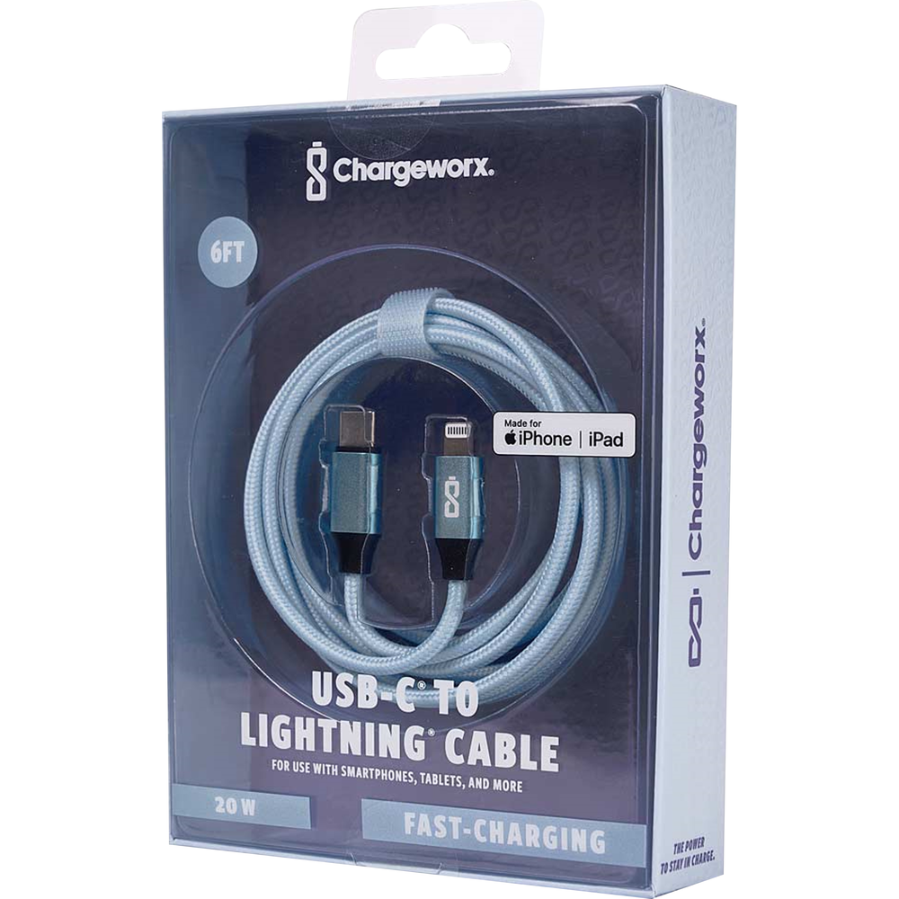 Chargeworx Nylon Tuff PD20 USB Cable - Chambray Blue 6Ft USB-C to Lightning (MFi Certified)