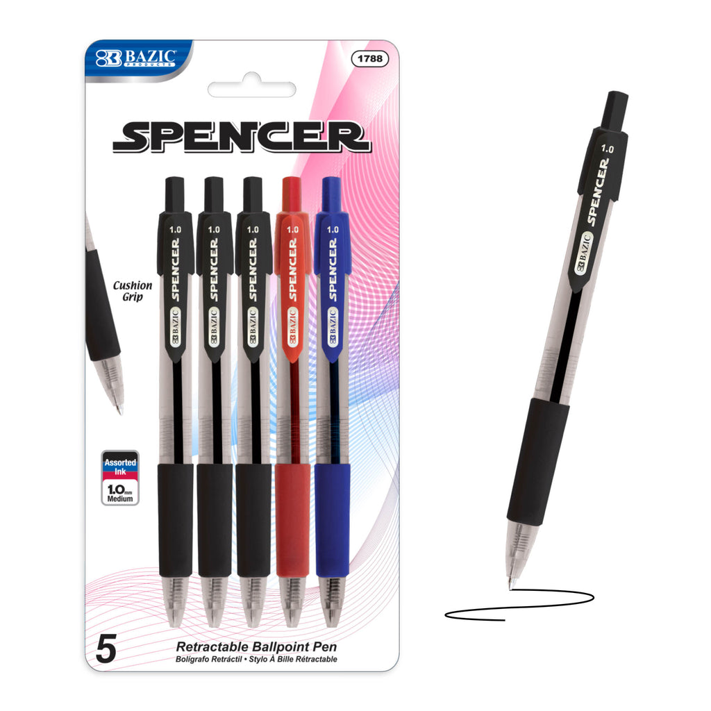Spencer Assorted Color Retractable Pen w/ Cushion Grip (5/Pack)