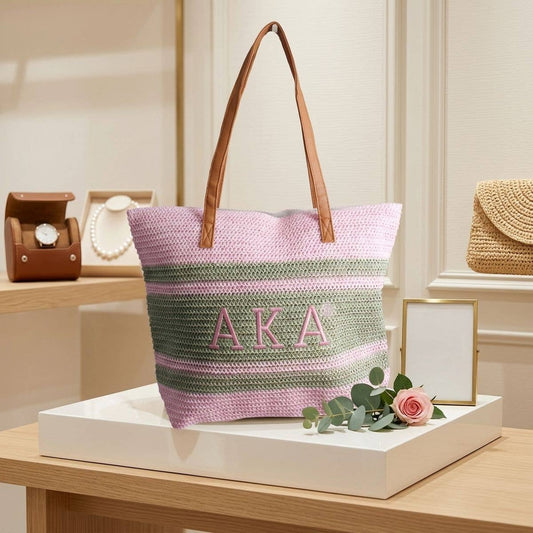 AKA Alpha Kappa Alpha Faded Pink Raffia Embroidered Beach Tote Bag