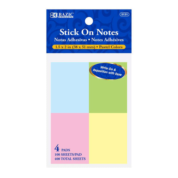 Stick On Notes 1.5" X 2" 100 Ct. (4/Pack) - Virginia Book Company