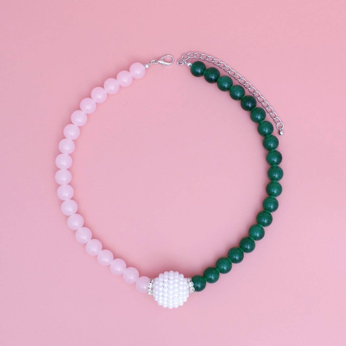 Pink Green Pearl Glass Bead Necklace