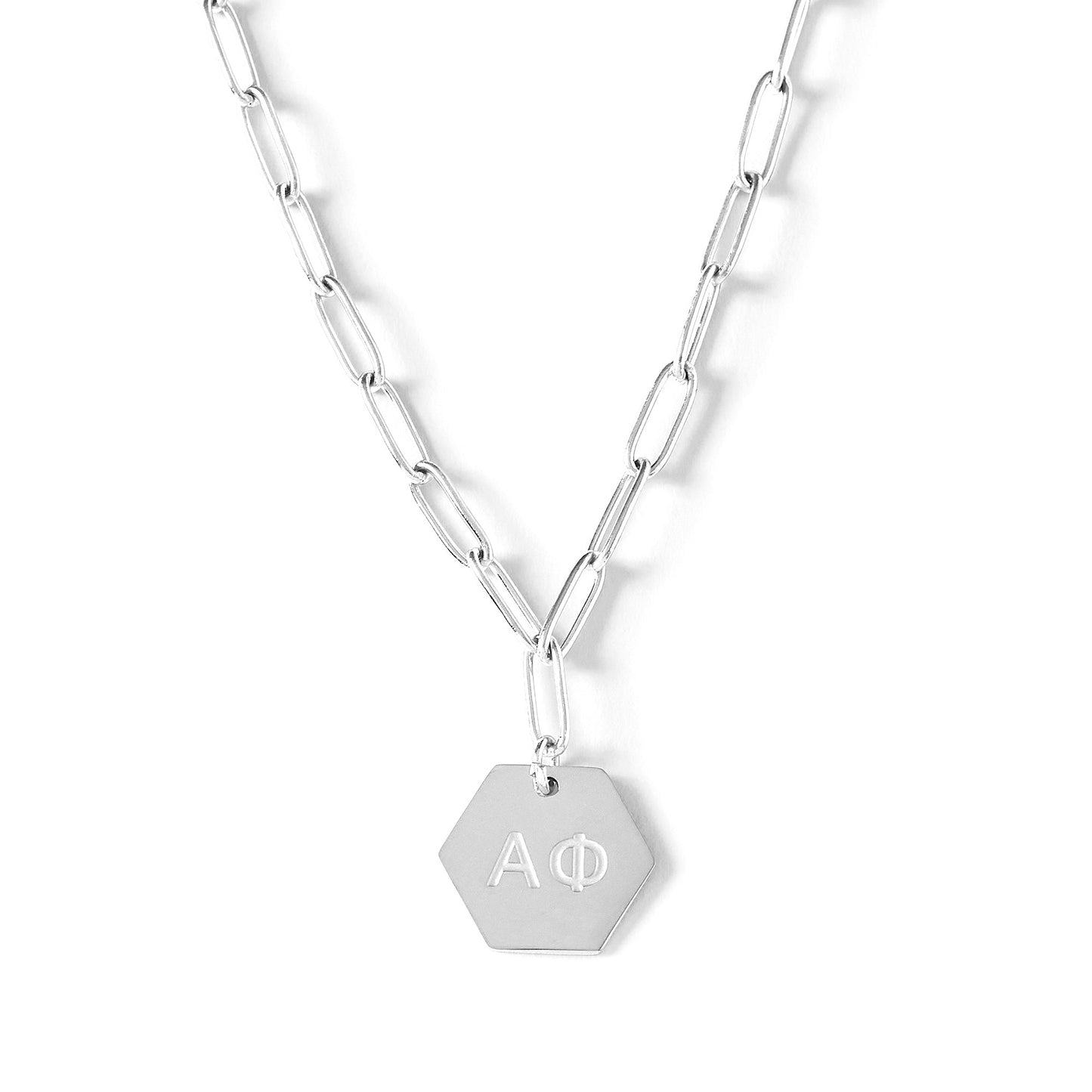 Alpha Phi Necklace- Silver Paperclip Style with AP Pendant