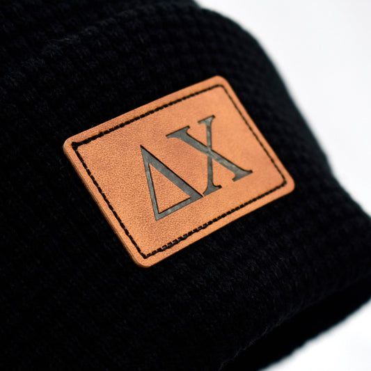 Delta Chi Fraternity Beanie Hat - Black Winter Hat w/ Greek Letters Patch