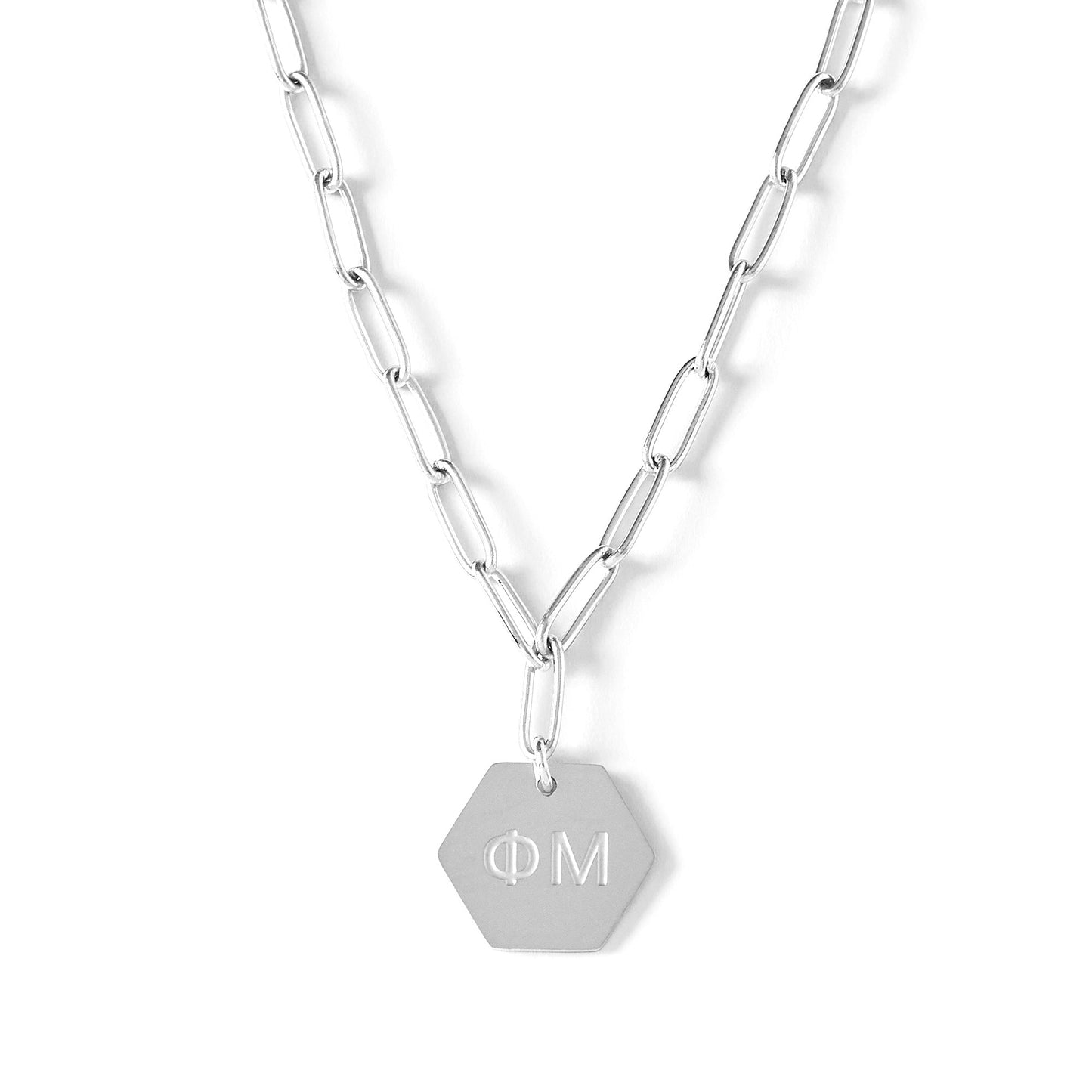 Phi Mu Necklace- Silver Paperclip Style with PM Pendant