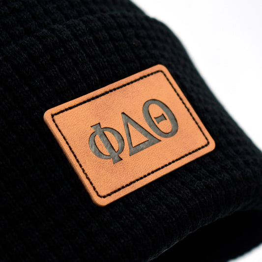 Phi Delta Theta Fraternity Beanie Hat - Black Winter Hat w/ Greek Letters Patch