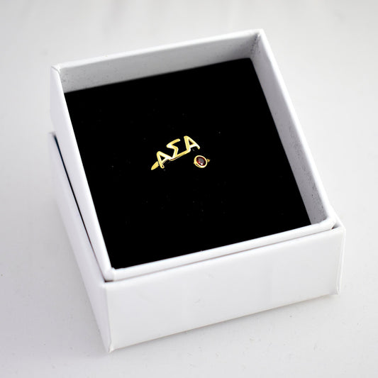 Alpha Sigma Alpha Ring- Gold Plated with Greek Letters and CZ Gemstone