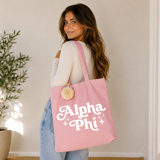 Alpha Phi Retro Pom Pom Tote Bag