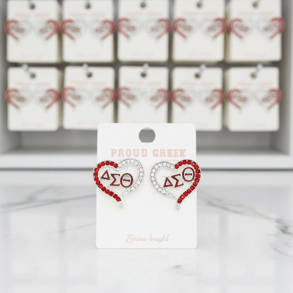 DST Delta Sigma Theta Sorority Heart Red Clear Bling Stud Earrings