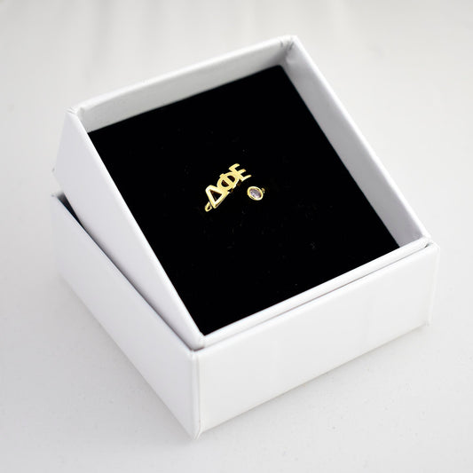Delta Phi Epsilon Ring- Gold Plated with Greek Letters and CZ Gemstone