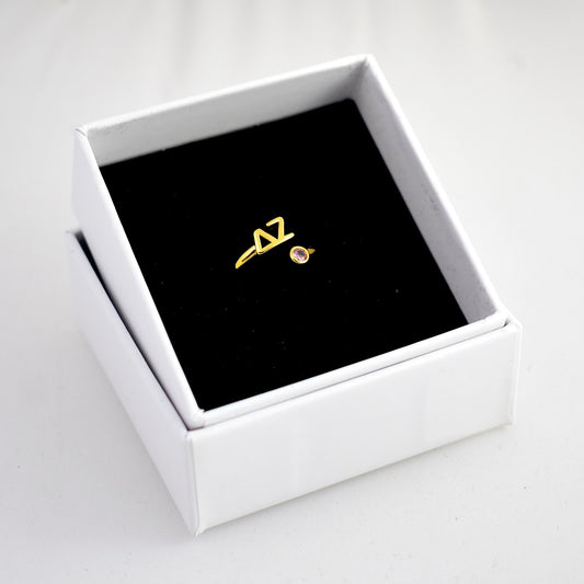 Delta Zeta Ring- Gold Plated with Greek Letters and CZ Gemstone