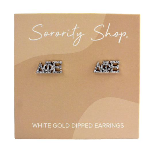 Delta Phi Epsilon White Gold Plated Stud Earrings