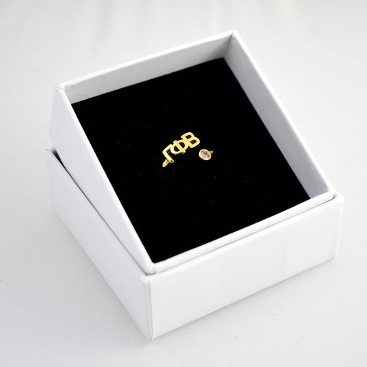 Gamma Phi Beta Ring- Gold Plated with Greek Letters and CZ Gemstone