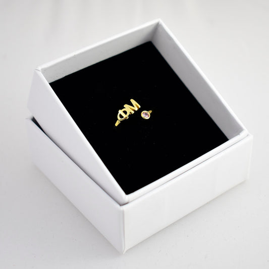 Phi Mu Ring- Gold Plated with Greek Letters and CZ Gemstone