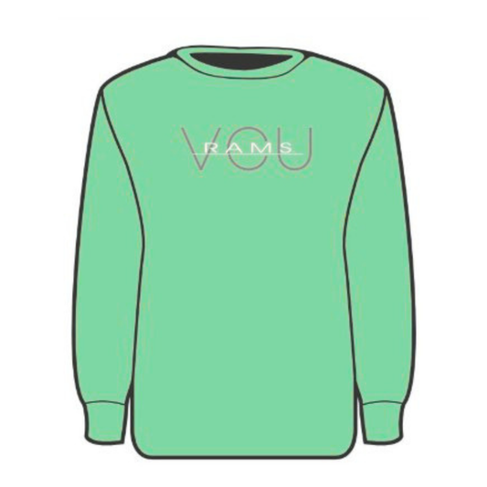 A mint green crewneck sweatshirt with 'VOU RAMS' printed across the chest in a thin, stylized outline font.