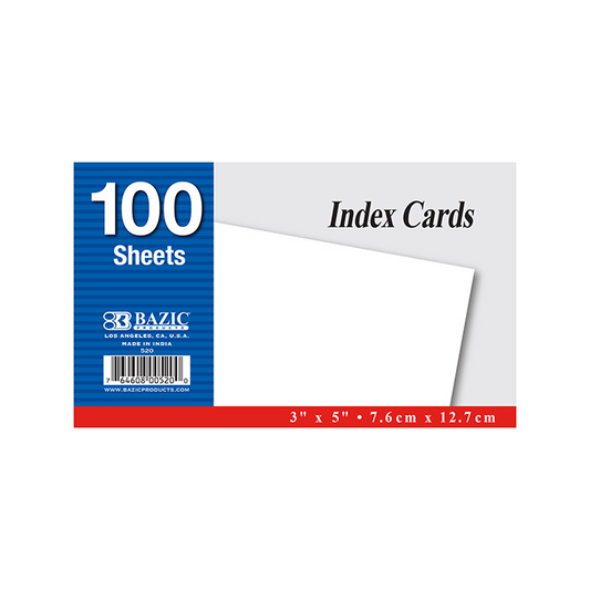 BAZIC 100 Ct. 3" X 5" Unruled White Index Card - Virginia Book Company