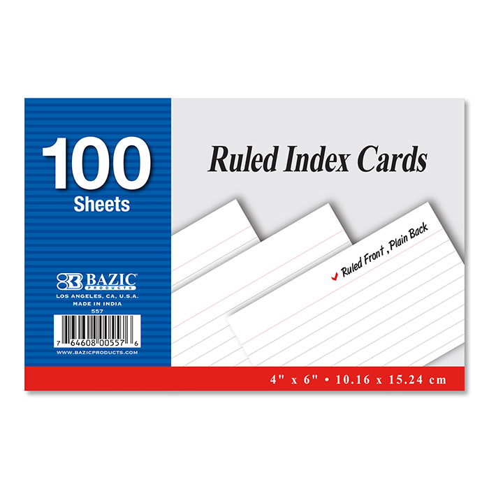 BAZIC 100 Ct. 4" X 6" Ruled White Index Card - Virginia Book Company