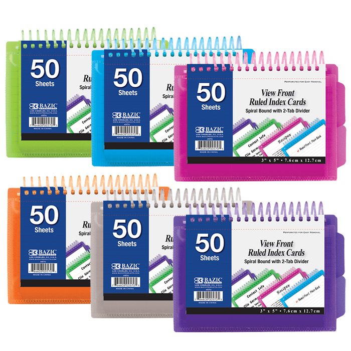 BAZIC 50 Ct. View Poly Spiral Bound 3" x 5" Ruled White Index Card w/ 2-Tab Divider - Virginia Book Company