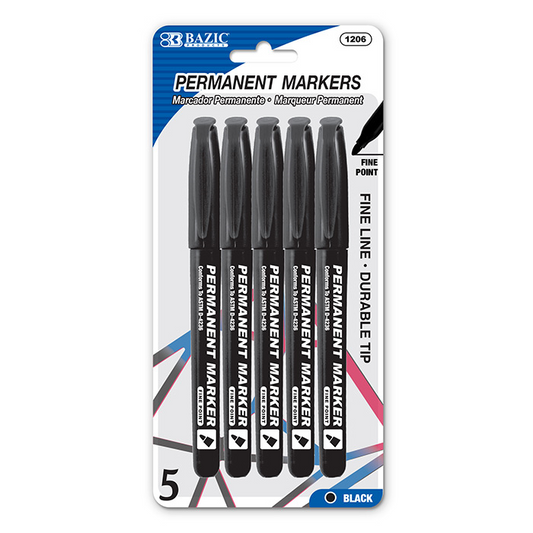 BAZIC Black Fine Tip Permanent Markers w/ Pocket Clip (5/Pack) - Virginia Book Company