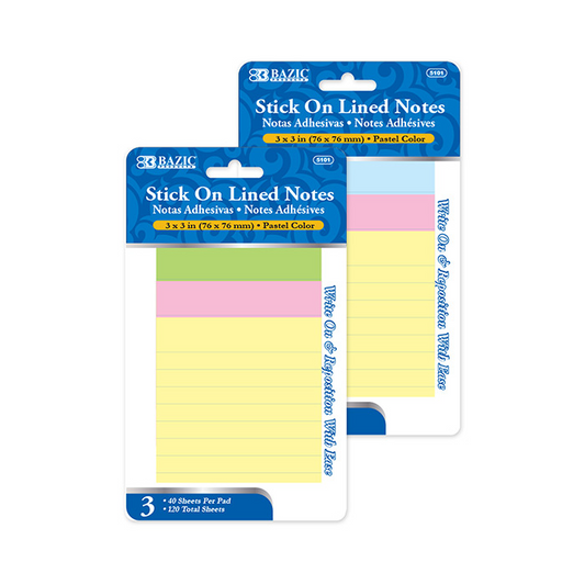 BAZIC 40 Ct. 3" X 3" Lined Stick On Notes (3/Pack) - Virginia Book Company