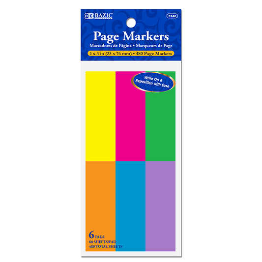 BAZIC 80 Ct. 1" X 3" Neon Page Markers (6/Pack) - Virginia Book Company