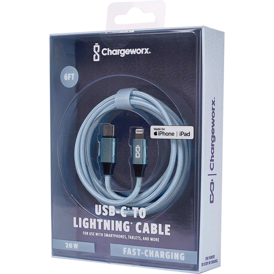 Chargeworx Nylon Tuff PD20 USB Cable - Chambray Blue 6Ft USB-C to Lightning (MFi Certified)