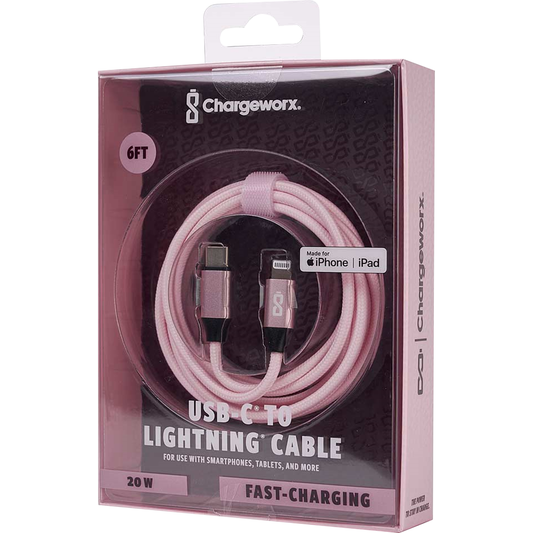 Chargeworx Nylon Tuff PD20 USB Cable -Pink 6Ft USB-C to Lightning (MFi Certified)