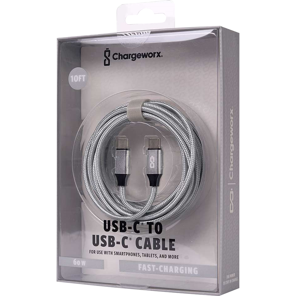 Chargeworx Nylon Tuff PD60 USB Cable - Silver 10Ft USB-C to USB-C