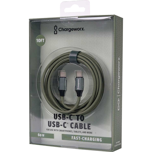 Chargeworx Nylon Tuff PD60 USB Cable - Watercress 10Ft USB-C to USB-C