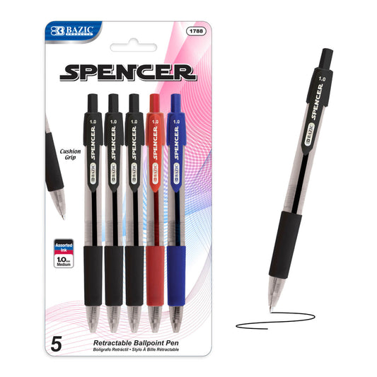 Spencer Assorted Color Retractable Pen w/ Cushion Grip (5/Pack)