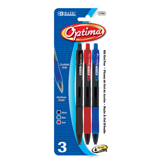 Optima Assorted Color Oil-Gel Ink Retractable Pen w/ Grip (3/Pack)