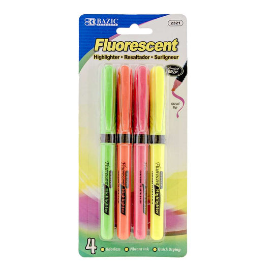 Pen Style Fluorescent Highlighters w/ Cushion Grip (4/Pack)