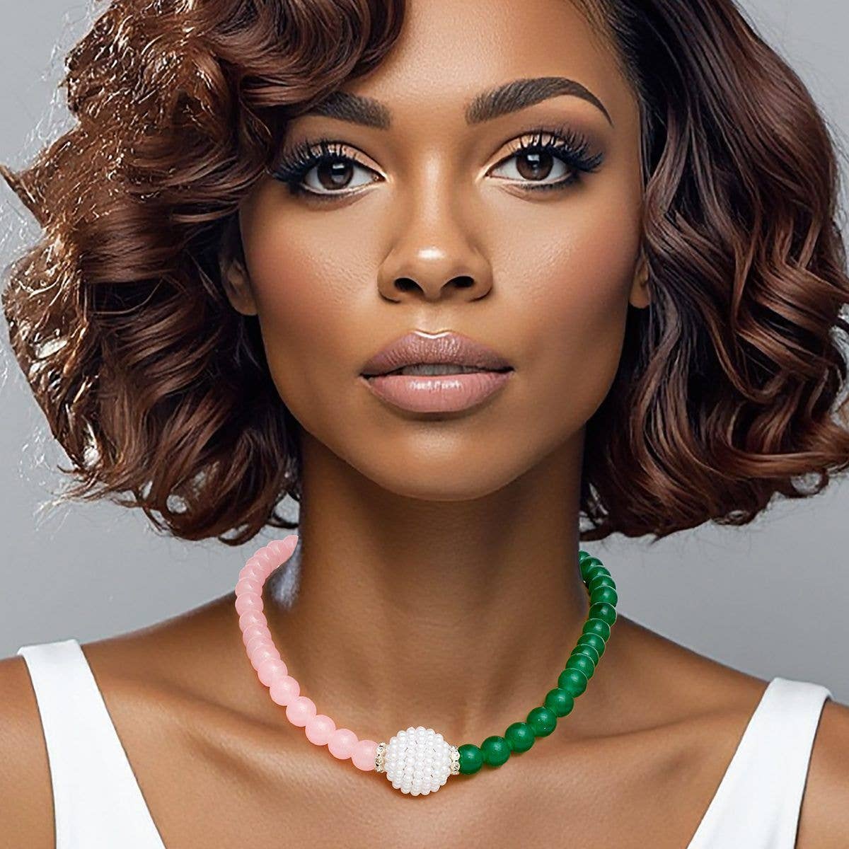 Pink Green Pearl Glass Bead Necklace