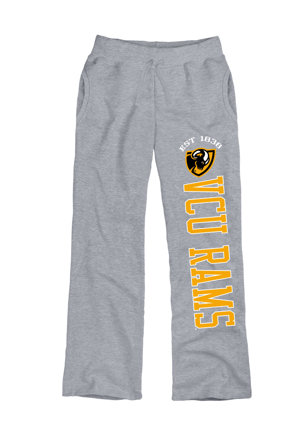 Gray sweatpants with VCU Rams logo and text on a white and gold background