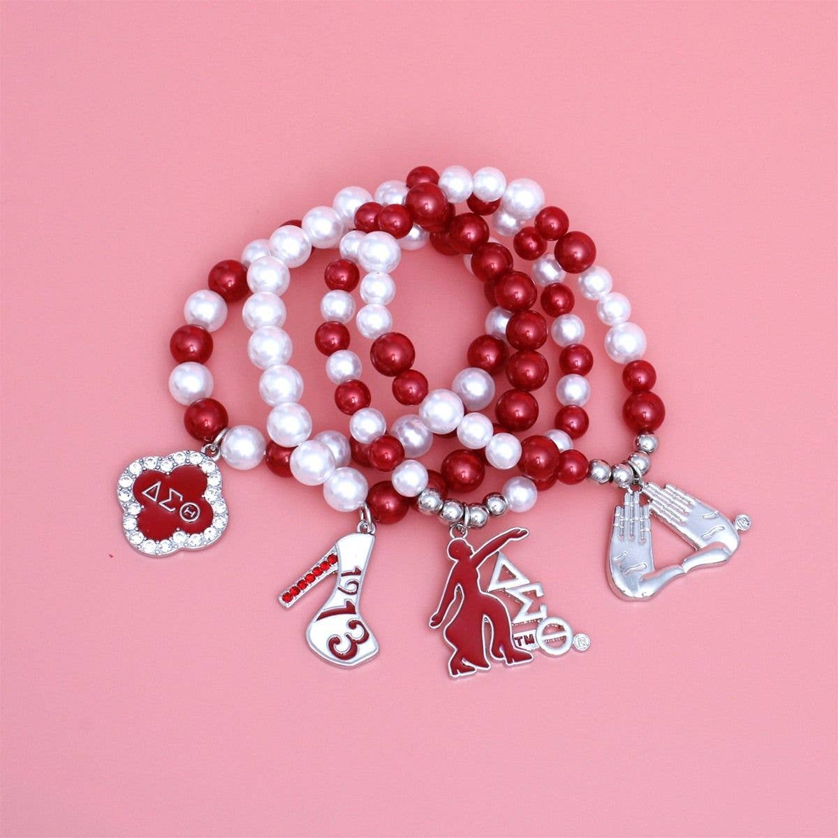 DST Delta Sigma Theta Red and White Pearl Charm Bracelets