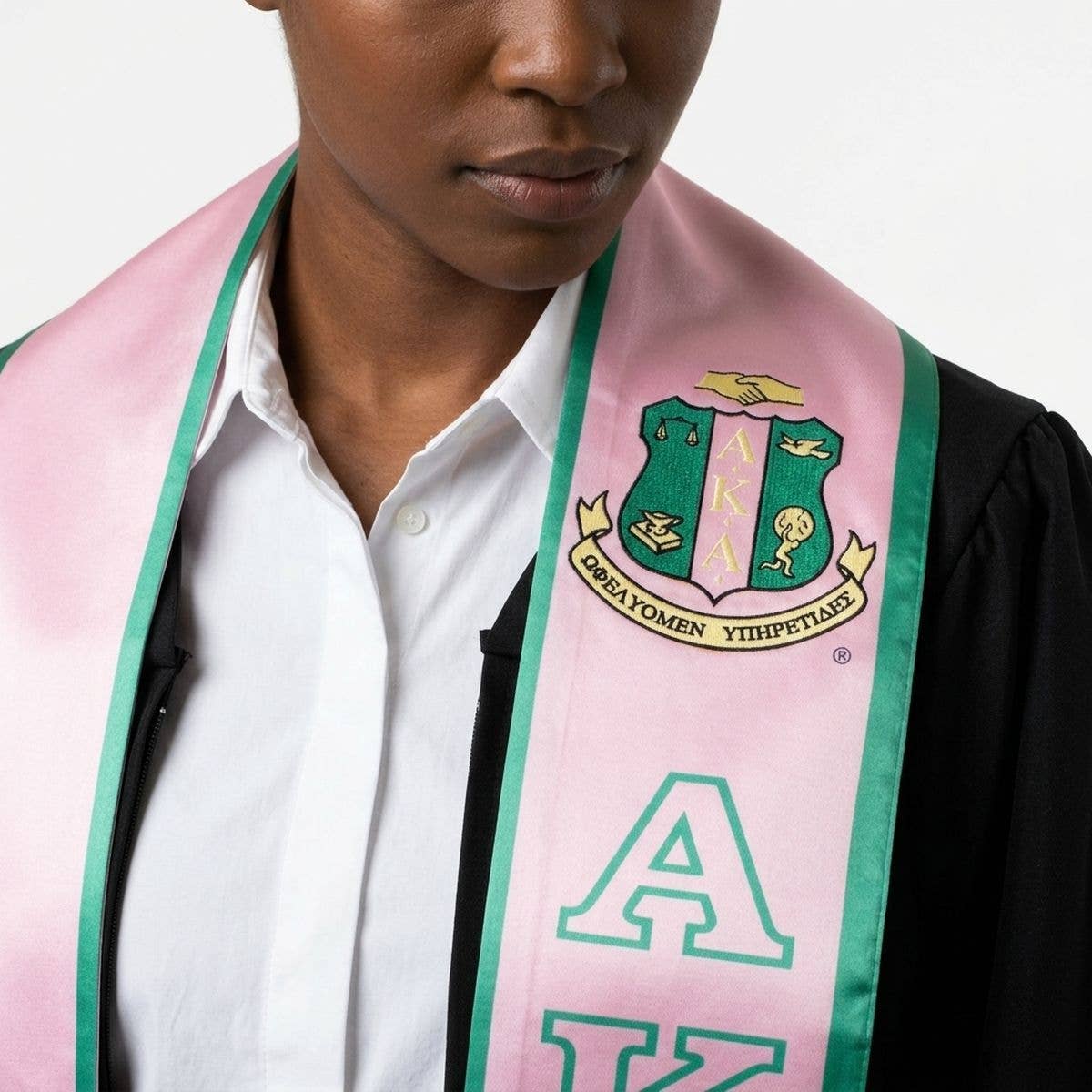 AKA Alpha Kappa Alpha Print Legacy Honor Stole in Pink with Green