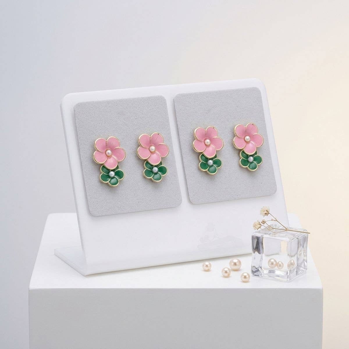 Alpha Kappa Alpha 14K Gold Pink Green AKA Double Flower Earrings