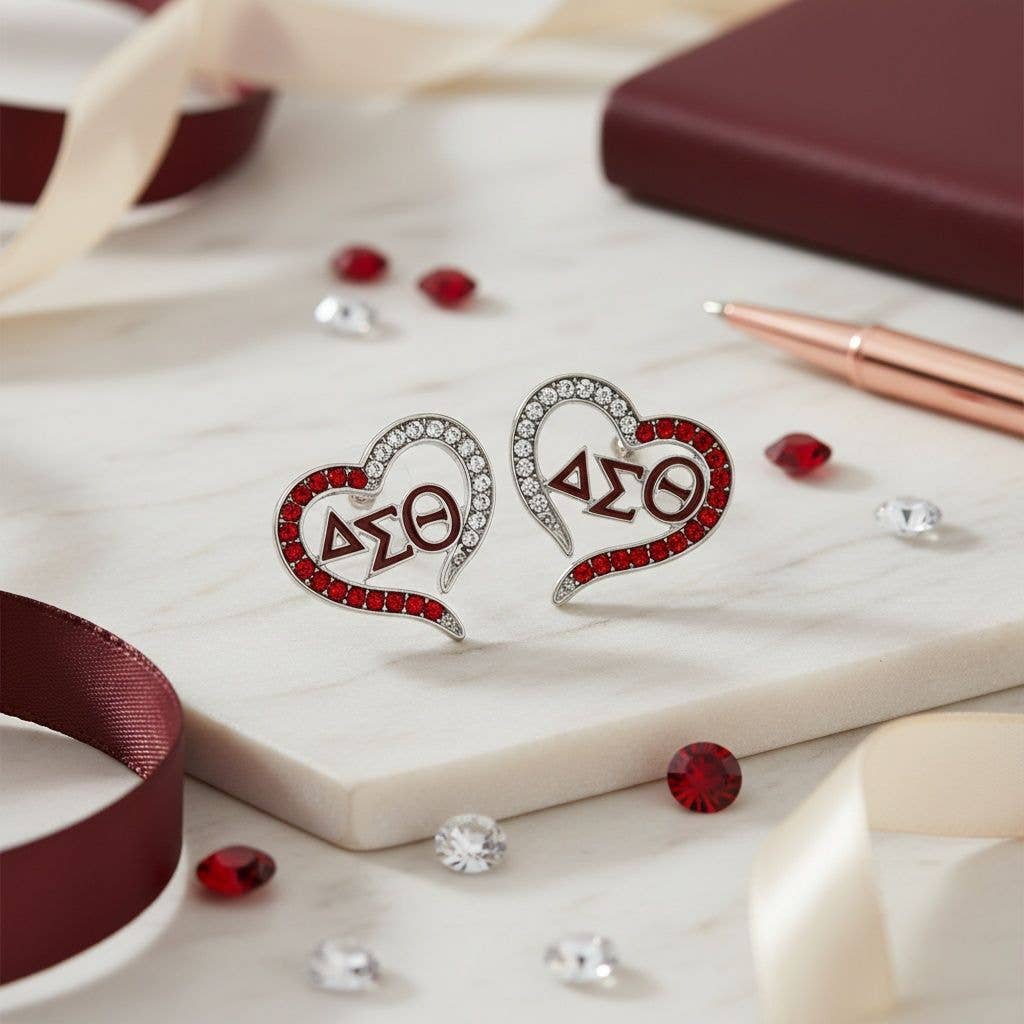 DST Delta Sigma Theta Sorority Heart Red Clear Bling Stud Earrings