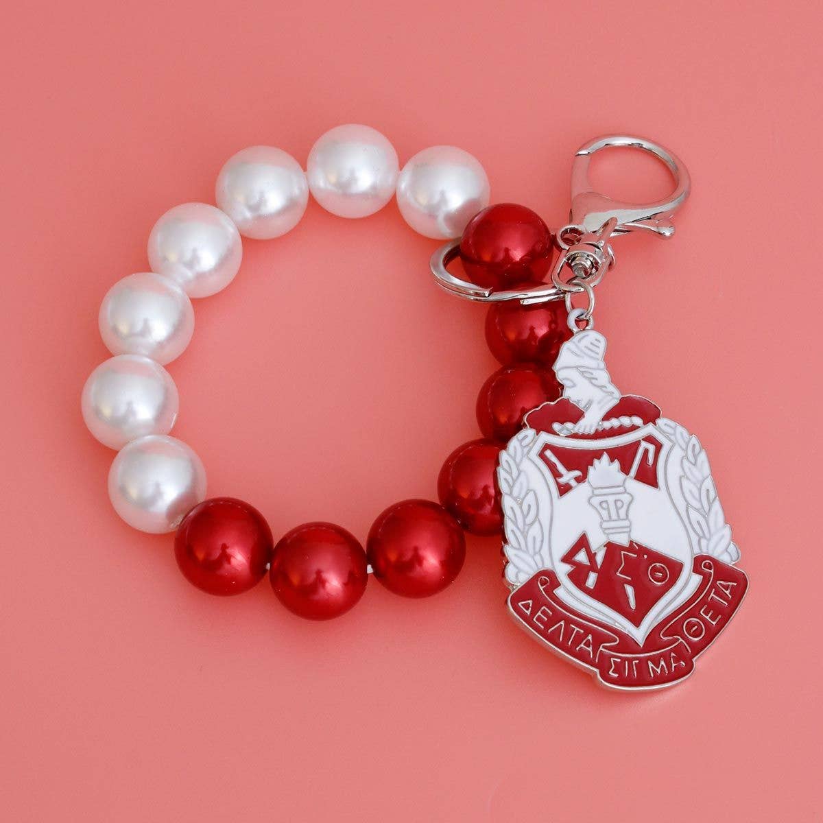 DST Delta Sigma Theta Red White Pearl Shield Keychain