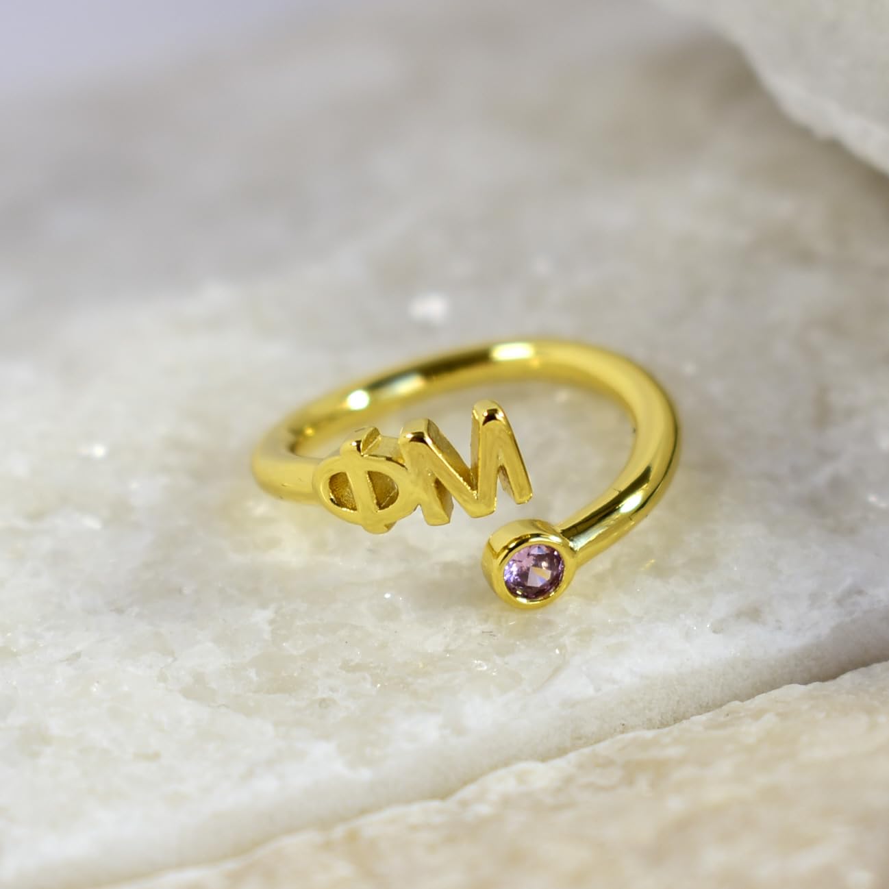 Delta Sigma Theta Ring- Gold Plated with Greek Letters and CZ Gemstone
