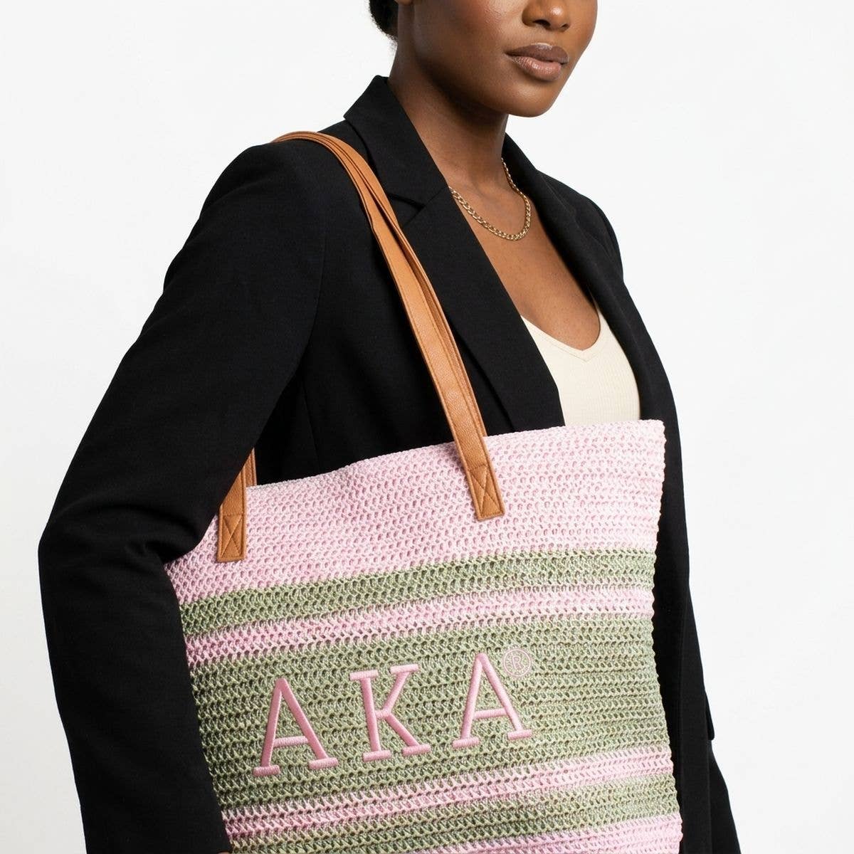 AKA Alpha Kappa Alpha Faded Pink Raffia Embroidered Beach Tote Bag
