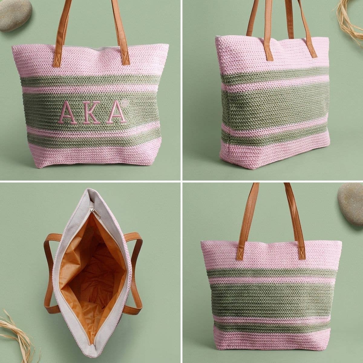 AKA Alpha Kappa Alpha Faded Pink Raffia Embroidered Beach Tote Bag