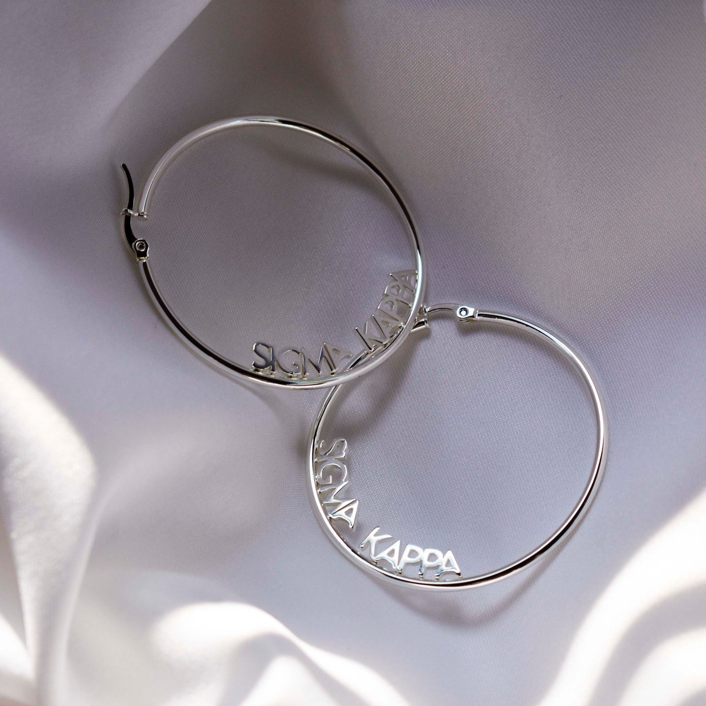 Sigma Delta Tau Silver Hoop Earrings- Name Design