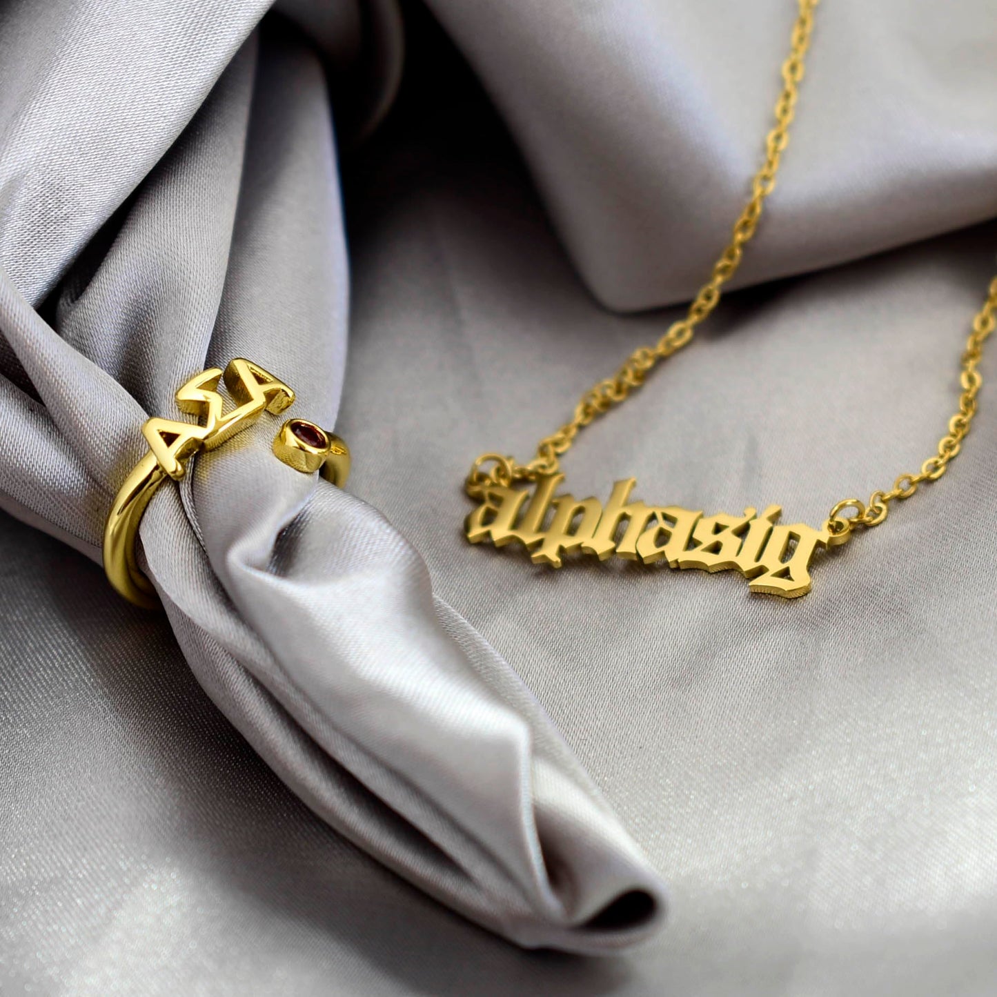 Delta Sigma Theta Ring- Gold Plated with Greek Letters and CZ Gemstone