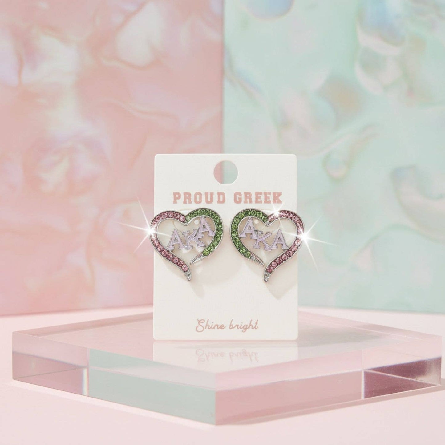AKA Alpha Kappa Alpha Sorority Heart Pink Green Bling Stud Earrings