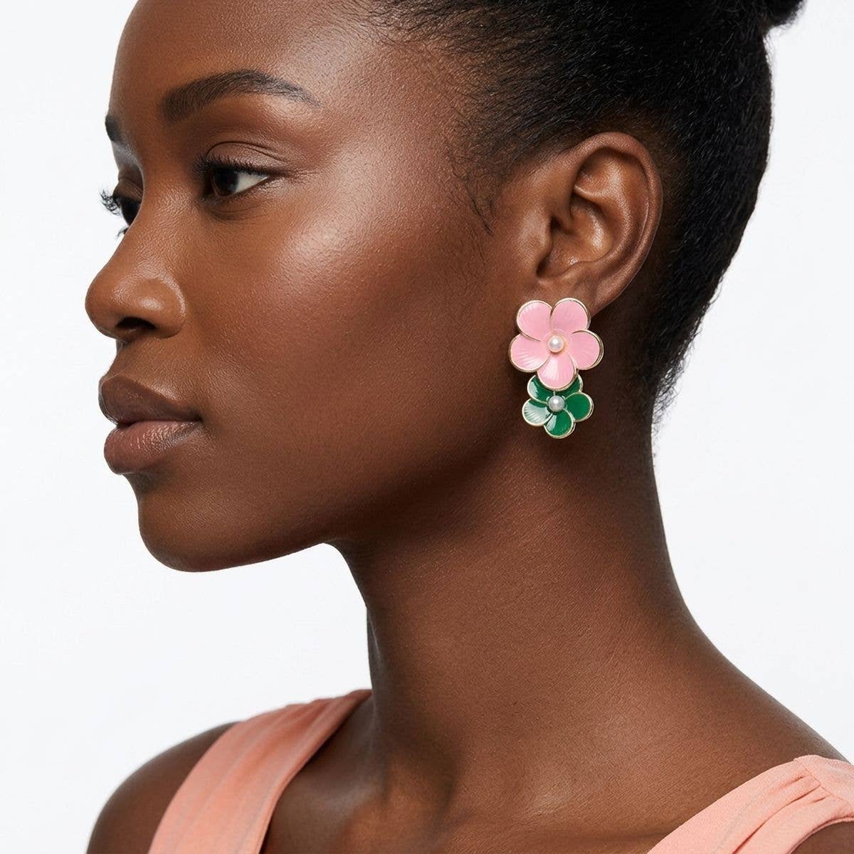 Alpha Kappa Alpha 14K Gold Pink Green AKA Double Flower Earrings