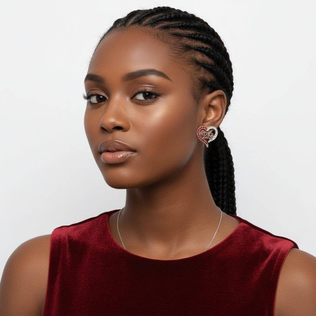DST Delta Sigma Theta Sorority Heart Red Clear Bling Stud Earrings