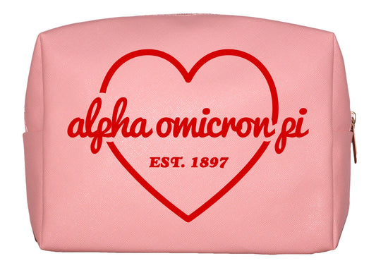 Alpha Omicron Pi Pink w/Red Heart Makeup Bag - Virginia Book Company