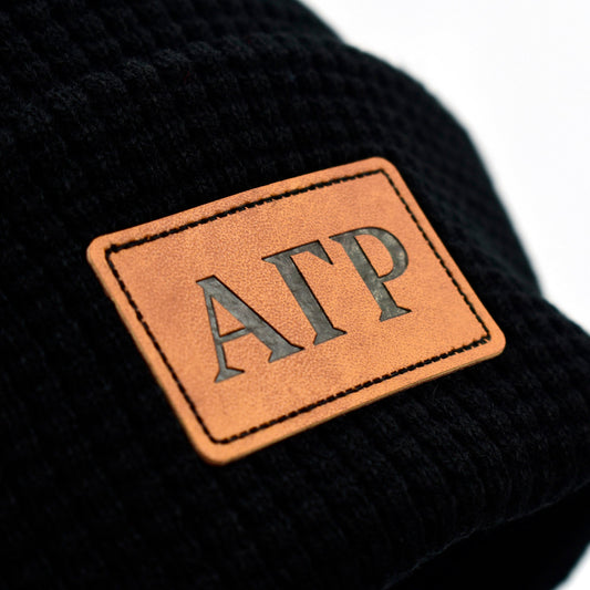 Alpha Gamma Rho Fraternity Beanie Hat - Black Winter Hat w/ Greek Letters Patch