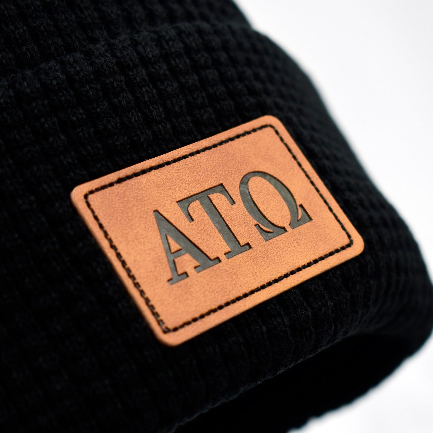 Alpha Tau Omega Fraternity Beanie Hat - Black Winter Hat w/ Greek Letters Patch