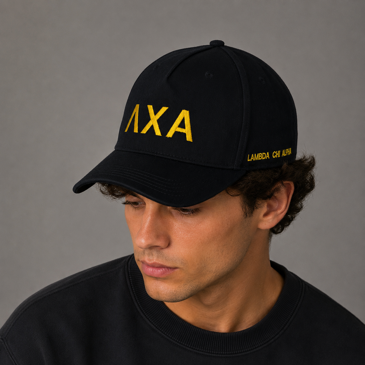 Lambda Chi Alpha Baseball Cap- Brushed Cotton 5-Panel Black Hat